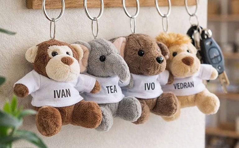 Plišani personalizirani privjesak s imenom – unikatni mekani poklon za ključeve