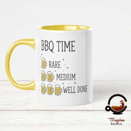 Šalica „BBQ Time“ s motivom piva i stupnjevima pečenja mesa – zabavan poklon za ljubitelje roštilja