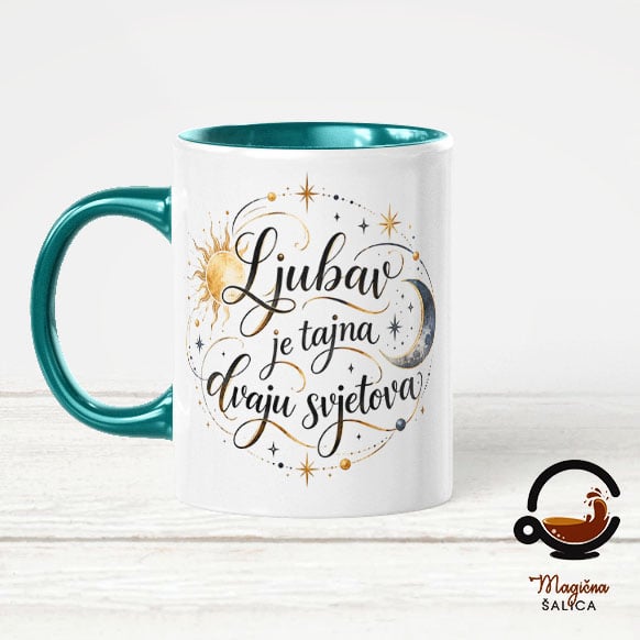 ljubav-tajna-dvaju-svjetova-tamnozelena Šalica „Ljubav je tajna dvaju svjetova“ – romantičan poklon za voljenu osobu